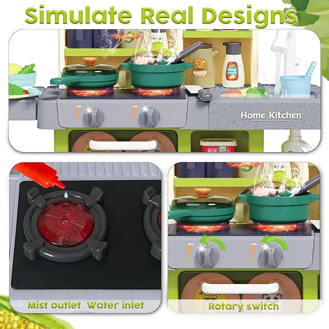 Kids Kitchen Playset, Pretend Kitchen Toys for Toddlers with 63 Pcs Toy Kitchen Accessories, Realistic Lights & Sounds, Spray, Play Sink, and Play Food - Kitchen Set for Girls Boys Aged 3 4 5+ (Green)