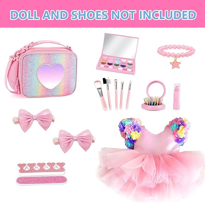 American 18 Inch Doll Clothes and Accessories Makeup Playset Fit 18 Inch Doll Including Fashion Skirt, Bag, Eye Shadow Plate, Lipstick, Comb Mirror, Pair of Hairpins, Makeup Brushes, Bracelet
