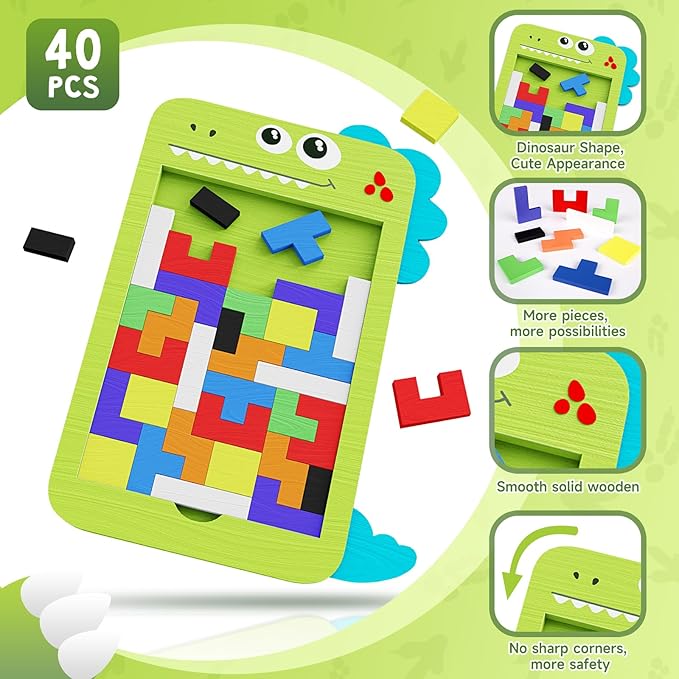 40 Pcs Wooden Blocks Puzzles, Jigsaw Puzzles, Dinosaur Wooden Brain Teaser Puzzles IQ Game Toy, Educational Puzzle, Intelligent Tangram 3D Russian Blocks for 3+ Years Old Kids