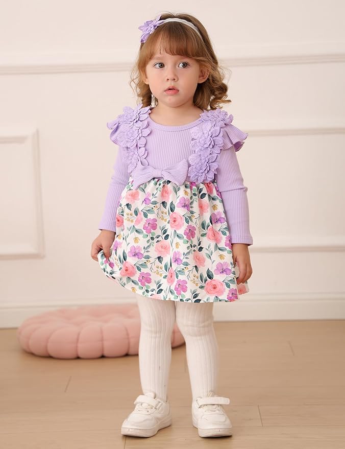Baby Girl Dress Fall Flower Ruffle with Lace Headband Toddler Girls 3M-3T Infant Dresses Winter Baby Girl Clothes