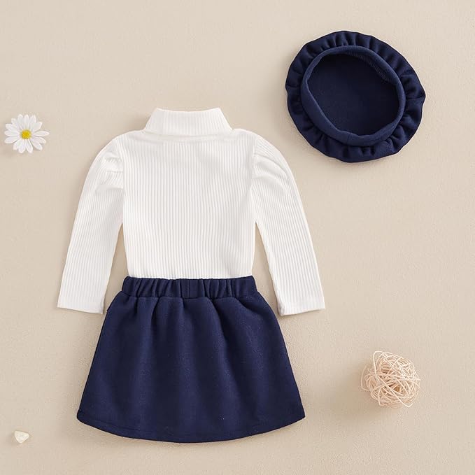 Fernvia Toddler Baby Girl Fall Winter Skirt Set Turtleneck Ribbed Long Sleeve T-Shirt Top & Plaid Skirts Dress 2Pcs Outfits