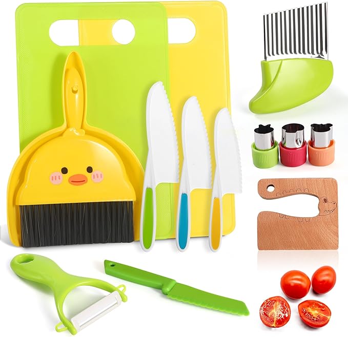 14 PC Kid Safe Knife Set for Real Cooking Toy for Age 2+ , Montessori Kitchen tools for Toddlers Mini Chef 2-4 5-7 6-8 Year Old Kids, Christmas Toy Gifts for 2 3 4 5 6 7 8 9 Year Old Girl Boy Birthday