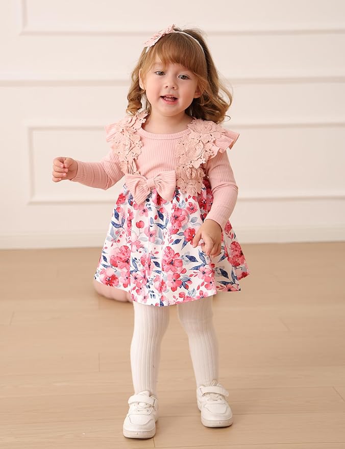 Baby Girl Dress Fall Flower Ruffle with Lace Headband Toddler Girls 3M-3T Infant Dresses Winter Baby Girl Clothes