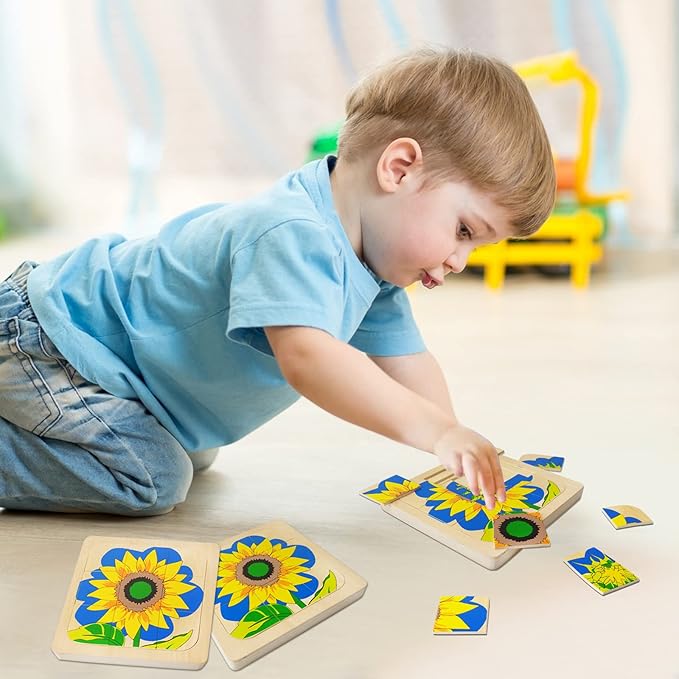 Montessori Wooden Puzzles for Kids Ages 4-8, 4 Layer Life Cycle of Sunflower Jigsaw Puzzle for Toddlers, Children Preschool Learning Educational Puzzles Toys for Boys and Girls (Sunflower)