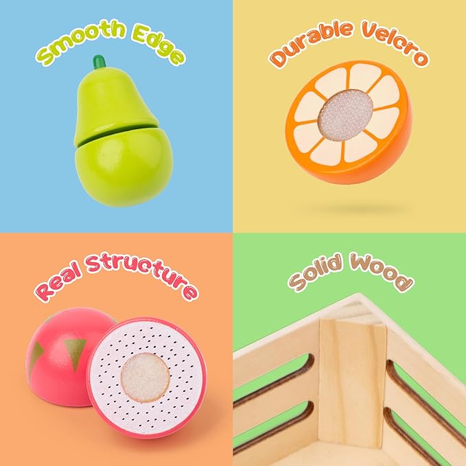 Wooden Play Food Sets for Kids Kitchen, Pretend Play for Toddlers, Montessori Wooden Food Toys, Velcro Cutting Fruit Toys, Play Food for Kids Ages 4-8, Boys Girls Birthday Gifts