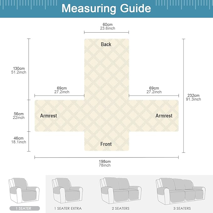 TAOCOCO 100% Waterproof Recliner Chair Cover, Non Slip Recliner Covers for Recliner Chair with Pocket, Washable Reclining Chair Cover Furniture Protector for Kids, Pets(Recliner Chair, Sky Blue)