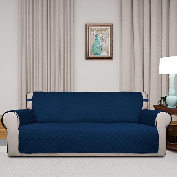 PureFit Reversible Quilted Sofa Cover, Water Resistant Slipcover Furniture Protector, Washable Couch Cover with Non Slip and Elastic Straps for Kids, Pets (Sofa, Navy/Navy)