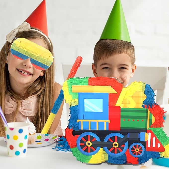 3D Train Pinata with Blindfold Stick Confetti, Railroad Themed Party Supplies, Train Pinata for Boys Birthday Party Supplies,Train Theme Party Decoration for Kids Girls Boys,15.8x11.8x2 Inches