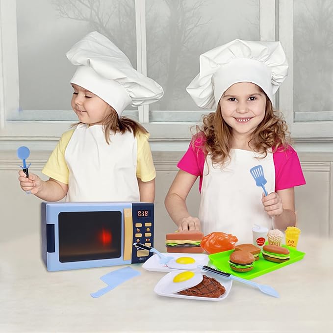 Kids Microwave Toy with Light and Sound, Realistic Toy Kitchen Appliances, Play Kitchen Accessories and Play Food for Toddlers 3 Year Old Up Girls Boys, Blue
