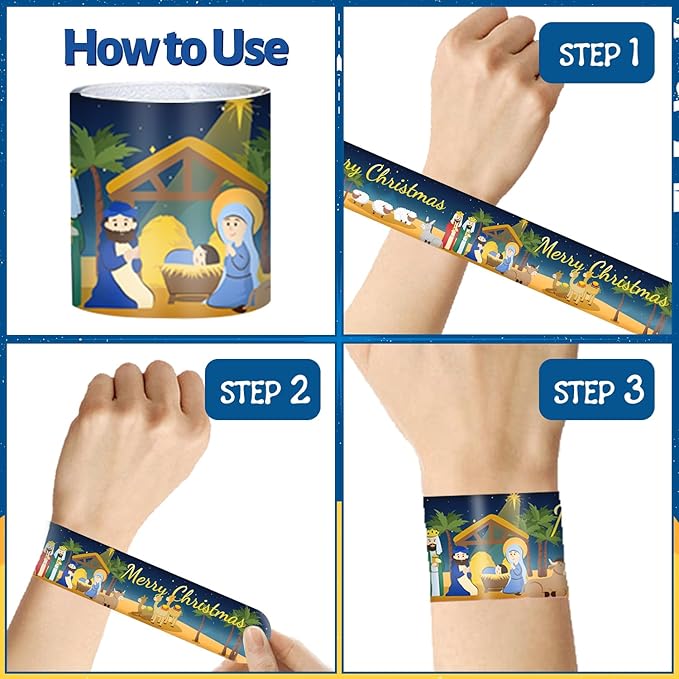 48 PCS Nativity Slap Bracelets, Religious Party Favors Slap Wristbands, Happy Birthday Jesus Slap Bracelets for Christmas Winter Holiday Party Religious Education Supplies