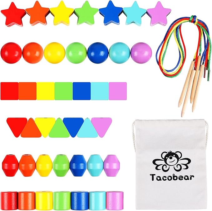 Atoylink 42PCS Lacing Beads Montessori Toys for Toddlers Wooden Primary String Threading Beads Rainbow Lacing Toy Preschool Fine Motor Skills Educational Toy for 3 4 5 6 7 8 Years Old Kids Boys Girls
