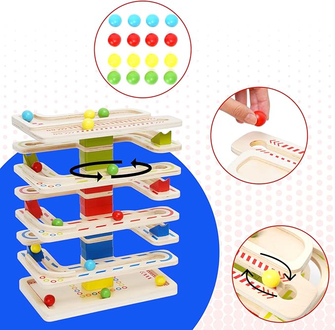 Montessori Ball Tracker Wooden Ball Drop Toy for Toddlers, Educational Wooden Ball Run Toy Race Track Set, Ball Drop Tracker Sensory Toys for Gifts 3 4 5 Years Old Toddler Boys Girls