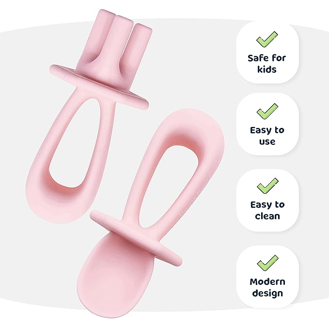 Tiny Twinkle Silicone Training Utensils - Baby Spoons and Baby Forks For Self-Feeding Training - Silicone Baby Led Weaning Utensils For Toddlers And Babies 6-24 Months - Baby Feeding Supplies (Rose)