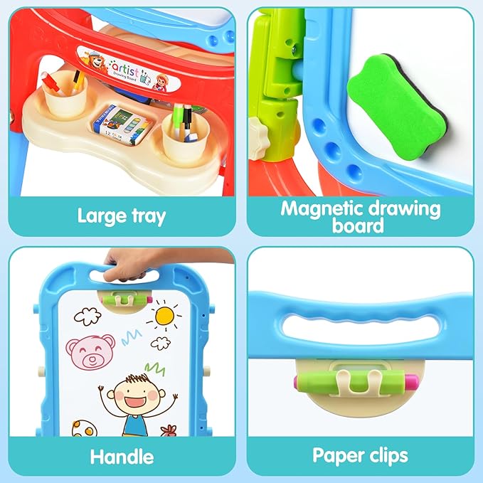 Amagoing Easel for Kids, Adjustable Standing Art Easel for Toddler, Double Magnetic Drawing Board with Painting Accessories, Gift for Little Boys and Girls Age 3 4 5, Blue