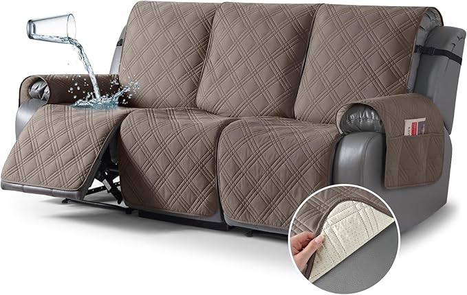 TAOCOCO 100% Waterproof Recliner Sofa Cover, Non Slip Split Couch Covers for Reclining Couches with Elastic Straps, Washable Reclining Sofa Cover Furniture Protector for Kids Pets(3 Seater, Taupe)