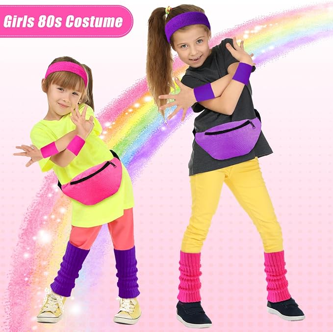 Giegxin 2 Set 80s Leg Warmers Set for Girls Kids Neon Ribbed Knit Leg Warmers Fitness Headband Wristbands for Cosplay Party