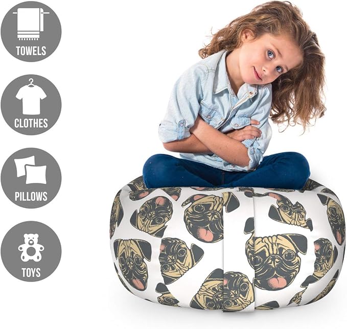 Ambesonne Pug Storage Toy Bag Chair, Cheerful Playful Animals Dog Heads with Tongues Out and Grunge Effect, Stuffed Animal Organizer Washable Bag, Small Size, Charcoal Grey