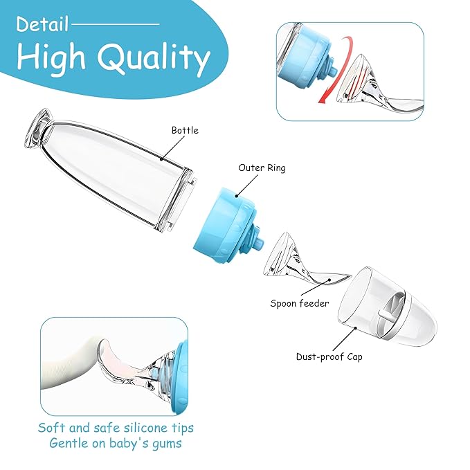 WAJIAYON Baby Food Feeder 4 Pack Silicone Baby Food Dispensing Spoon-3 oz Squeeze Feeding Spoons with Suction Cup for Boys Girl Kids Toddlers - Self Feeding Bottle Spoon-Sky Blue