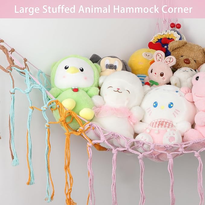 Boho Stuffed Animals Net or Hammock Large,55 inch Toy Hammock Macrame Stuff Animal Storage Corner Hanging Net Holder,Mesh Hammock Plush Toy Organizer with Hooks for Bedroom,Nursery (colorful)