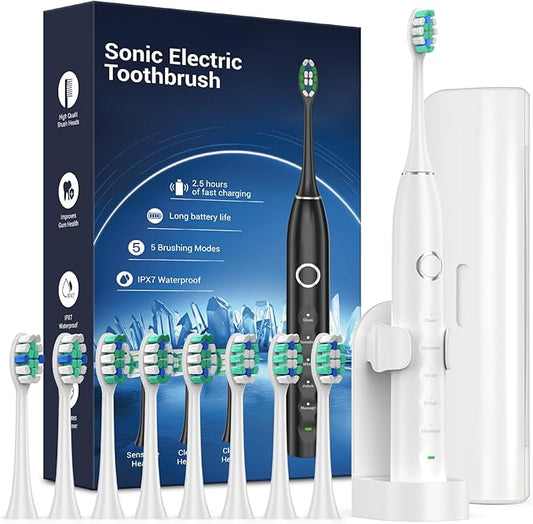 Rtauys S5 Sonic Electric Toothbrush for Adults with 8 Brush Heads, IPX7 Travel Electric Toothbrush with Travel Case, 2.5 Hours Charge for 120 Days, 5 Modes with 2 Minutes Built in Smart Timer White