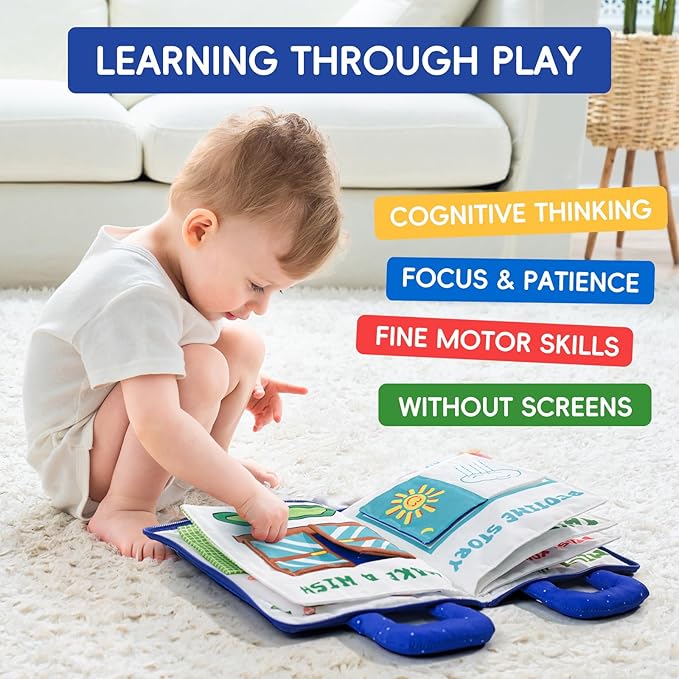 Jollybaby Baby Soft Busy Books for Toddles - Lullaby and Goodnight Quiet Book, Travel Toy & Montessori Educational, 10 Preschool Learning Activities for 1 2 3 Year Old Toddlers Boy Girl(Navy)