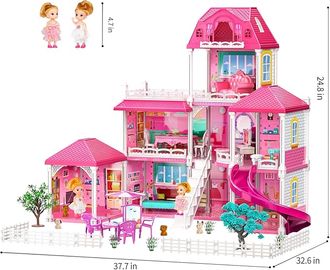 TEMI Villa Toys for 3 4 5 6 7 8 Years Old Girls - 3 Storeys 8 Rooms, Indoor Playset with 2 Dolls Toy Figures, Toys Furniture and Accessories, Pretend Girls Plays, Building Toys, Gifts Toy
