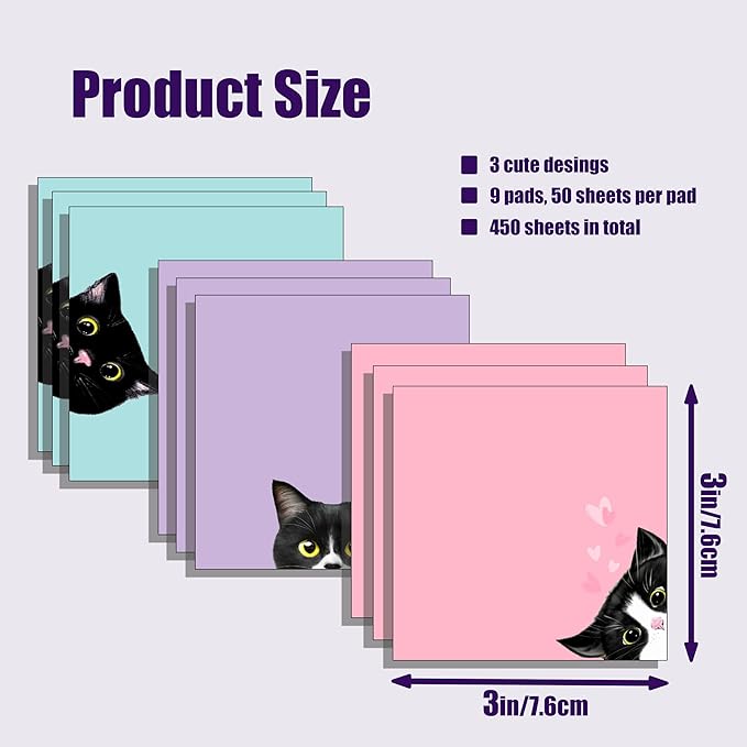 9 Pads Black Cat Sticky Notes Set, Pink Self-Stick Note Pads, Cute Memo Pads Super Adhesive Note Card for Cat Lover Gift, Teacher Office and School Supplies, 3x3in