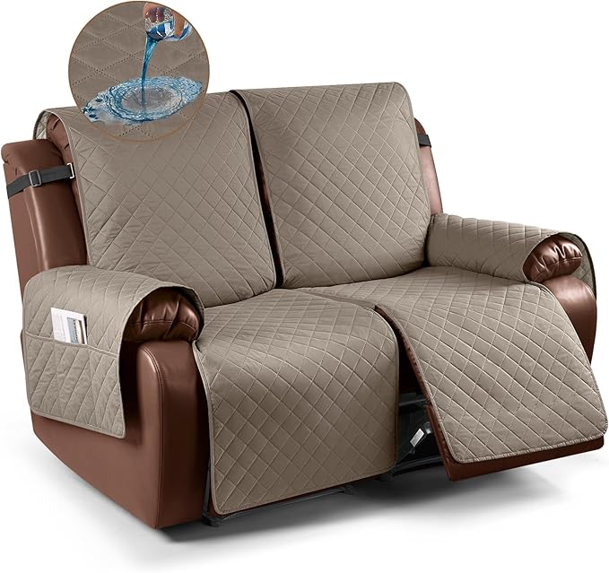 KinCam Waterproof Loveseat Recliner Cover, Non-Slip Reclining Couch Covers for 2 Seat, Recliner Sofa Cover Furniture Protector with Elastic Straps for Kids, Pets, Taupe