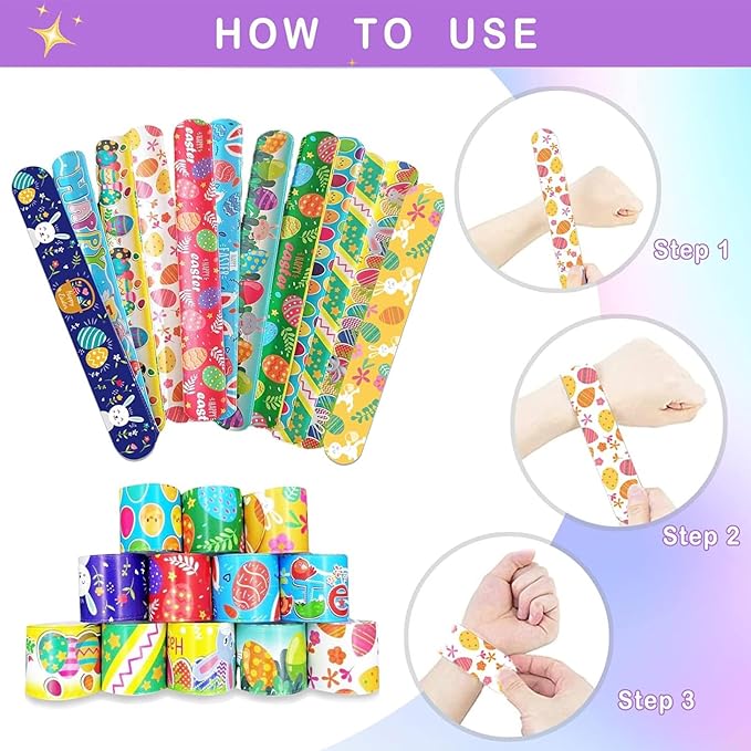 48Pcs Easter Party Favors Silicone Bracelets Slap Bracelets Assorted for Kids Girls Boys Toddlers Easter Egg School Classroom Exchange Prizes Gifts