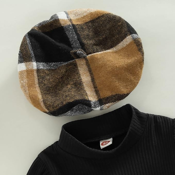 Fernvia Toddler Baby Girl Fall Winter Skirt Set Turtleneck Ribbed Long Sleeve T-Shirt Top & Plaid Skirts Dress 2Pcs Outfits