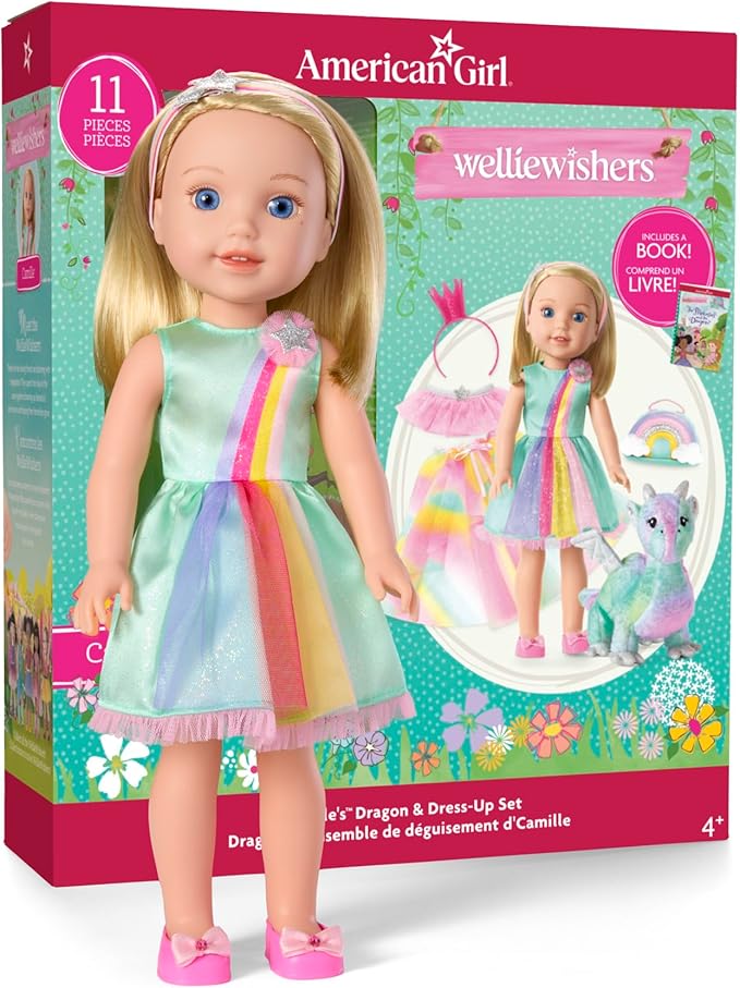 American Girl WellieWishers 14.5-inch Camille Doll Playset with Crisella The Dragon, Doll Dress and Accessories, and Storybook, for Ages 4+