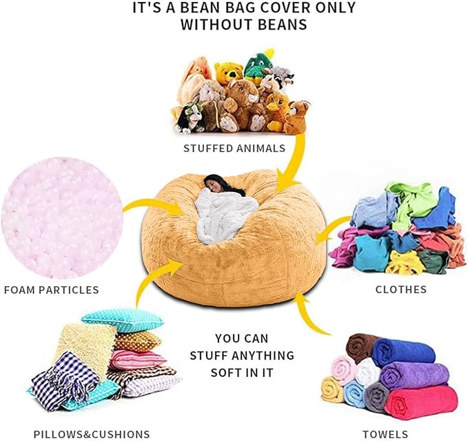 Giant Fur Bean Bag Chair Cover for Kids Adults, (No Filler) Living Room Furniture Big Round Soft Fluffy Faux Fur Beanbag Lazy Sofa Bed Cover (Yellow, 7FT)