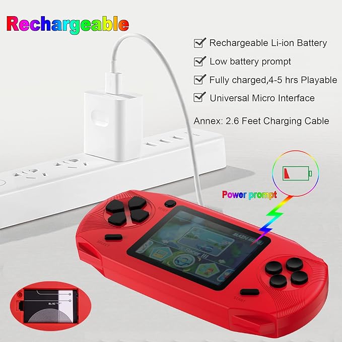 16 Bit Handheld Games for Kids Adults 3.0'' Large Screen Preloaded 100 HD Classic Retro Video Games USB Rechargeable Seniors Electronic Game Player Birthday Xmas Present (Red)