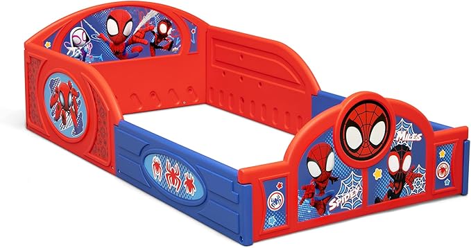 Delta Children - Marvel Spidey and His Amazing Friends 4-Piece Toddler Room-in-a-Box Set – Includes Sleep and Play Toddler Bed, Table, 1 Chair and Fabric Toy Box, Blue/Red
