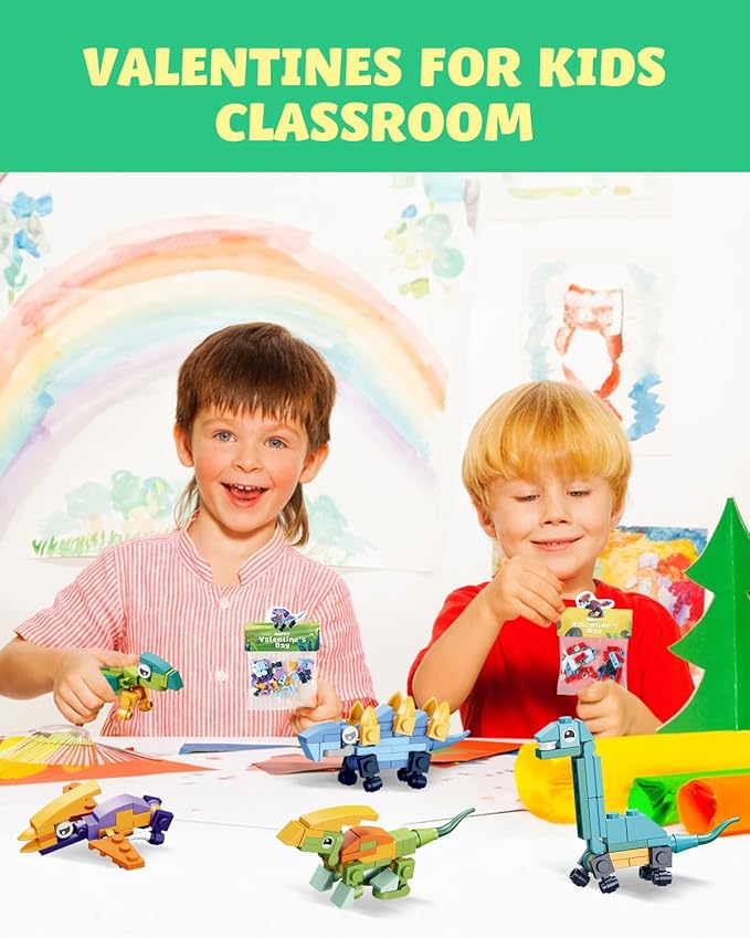 24 Pack Prefilled Dinosaur Valentines Building Blocks Set for Kids, Classroom & School Exchange Gifts with Valentine's Day Cards, Ideal Party Toy for Boys & Girls