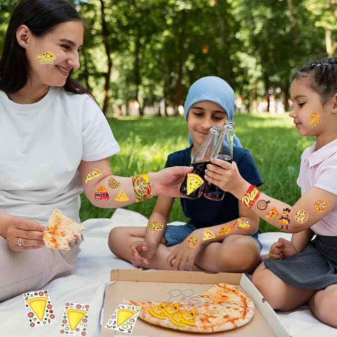 60 Pcs Pizza Party Favors Set Temporary Tattoos, Slap Bracelets, Keychains, Badges and Stickers for Pizza Themed Birthday Parties