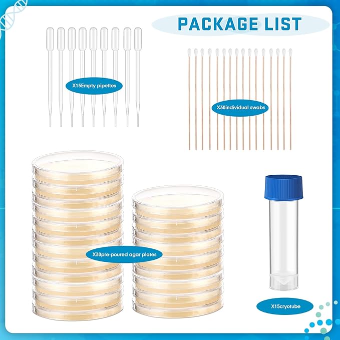90 Pieces Prepoured Agar Plates Kit Includes Petri Dishes with Agar Swabs Pipettes Storage Tubes Educational Science Kit Science Fair Project Kit to Learn Microbiology