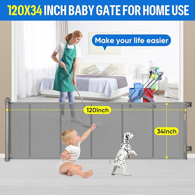 34X120” Extra Wide Safety Retractable Baby Gate, Extra Wide Safety Kids or Pets Gate, 34” Tall, Extends to 120” Extra Wide, Built-in Reinforce Strip Mesh Safety Dog Gate for Stairs,Doorways, Hallways