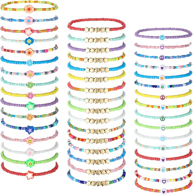 48 Pcs Colorful Kids Friendship Bracelet Set Adjustable Beads Bracelets Cute Friendship Princess Pretend Play Bracelet Stretch Beaded Bracelet Preppy Bracelets Set for Girls Women (Cute)
