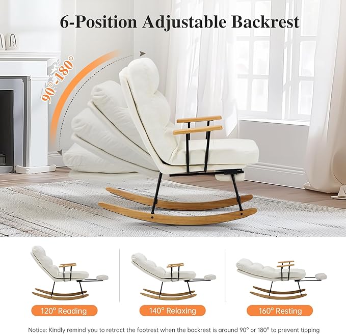 Rocking Chair with Footrest-Glider Rocker Chair with Retractable Footrest and Adjustable Backrest, Teddy Upholstered Rocking Chair, Modern Accent Chair for Living Room/Nursery/Bedroom/Outdoor-Beige