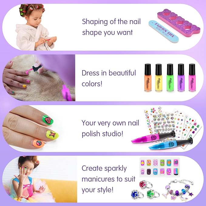 Kids Nail Polish Set for Girls Nail Art Kits with Nail Dryer, Quick Dry & Peel Off & Non-Toxic Nail Polish,2 in 1 Nail Art Pen - Charm Bracelet Making Kit & Ring Birthday Gifts for Girls Ages 7-12
