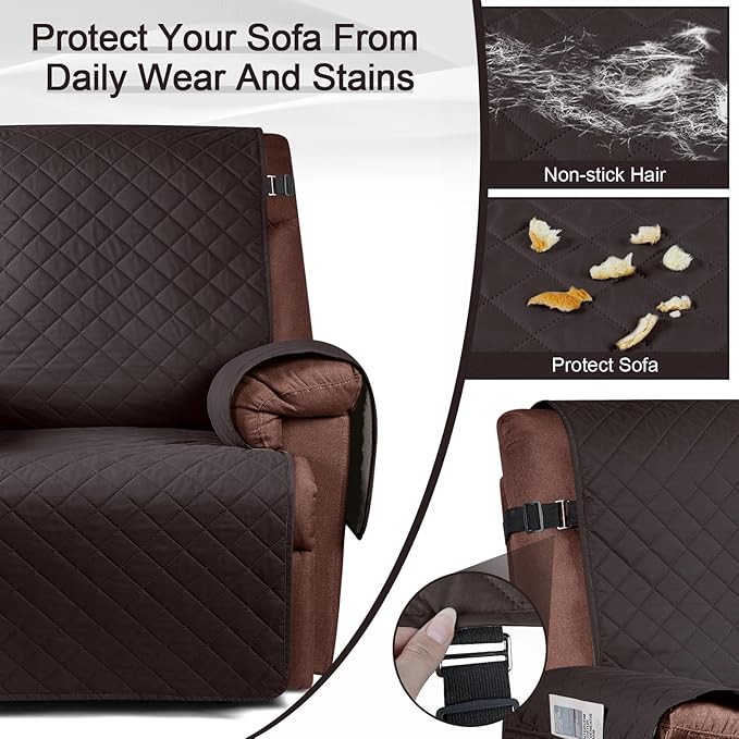 KinCam 100% Waterproof Recliner Chair Cover, Reclining Couch Covers for Pets, Dogs, Recliner Couch Slipcover Furniture Protector with Elastic Straps for Kids(23.6", Chocolate)