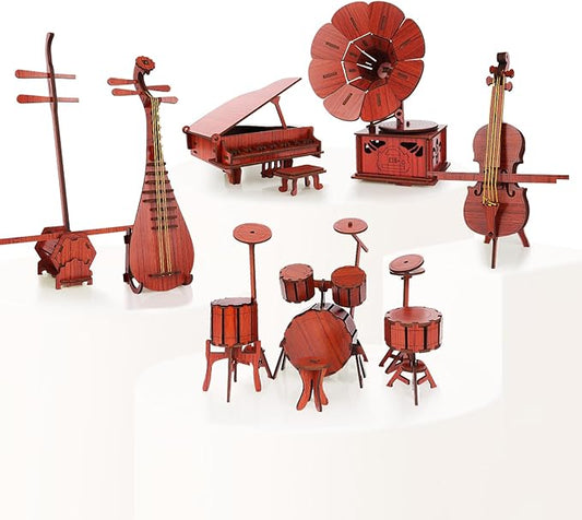 6-in-1 3D Puzzles Music Instrument Set for Adults/Kids with Piano, Gramophone, Drum-kit, Cello, Erhu, and Pipa, for Wooden Decorations, Wood Craft Jigsaw Puzzle for 6 Age up