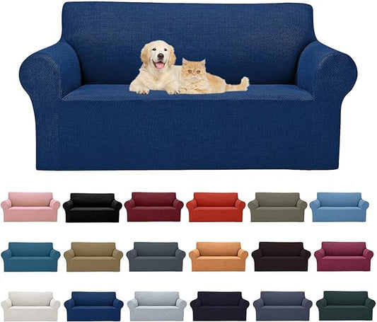 2025 New Stretch Loveseat Sofa Slipcovers Couch Cover for 2 Cushion Furniture Protector Sofa Covers with Elastic Bottom Jacquard Fabric Small Checks for Pets, Kids - Classic Blue