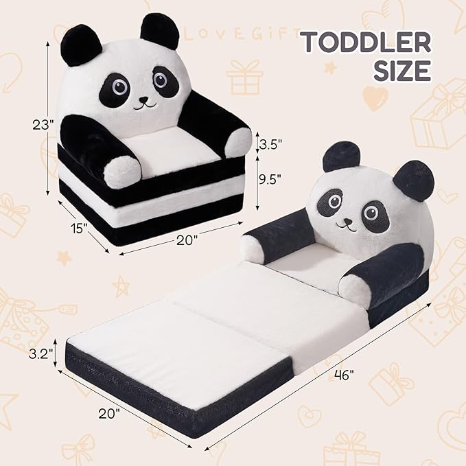 Kids Sofa Chair for Toddler, 2-in-1 Folding Soft Baby Couch with Removable Cover, Comfy Plush Children's Recliner, Convertible Floor Sofa Bed to Lounger for Girls Boys Age 1-3,Panda