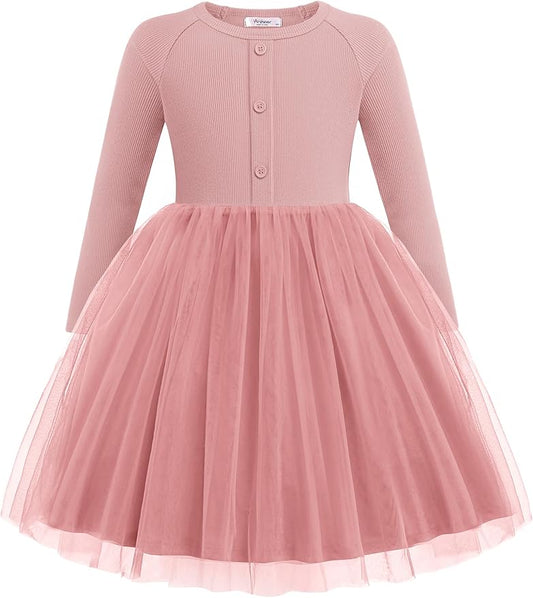 Arshiner Toddler Girls Tutu Dress Long Sleeve Fall Winter Button Front Party Tulle Dresses 2-8Y