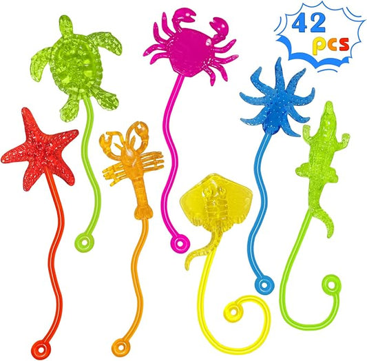 42PCS Sticky Hands Bulk Ocean Animal Party Favors for Kids Stretchy Sticky Hand Fidget Toys Goodie Bag Stuffers Treasure Box Toys for Classroom Prizes Birthday Party Supplies Easter Basket Stuffers