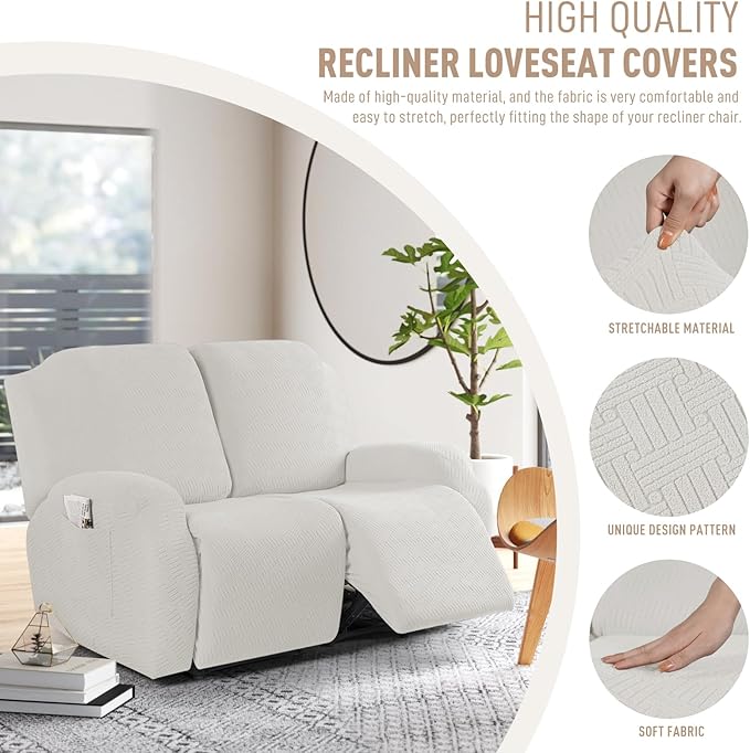 KinCam Recliner Covers, Stretch Reclining Chair Covers, Recliner Sofa Slipcovers Stripe Jacquard Recliner Couch Covers Furniture Protector Covers (2 XL Seater, Cream)