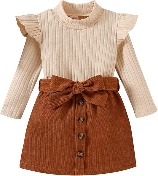 Fernvia Toddler Baby Girl Fall Winter Skirt Set Turtleneck Ribbed Long Sleeve T-Shirt Top & Plaid Skirts Dress 2Pcs Outfits
