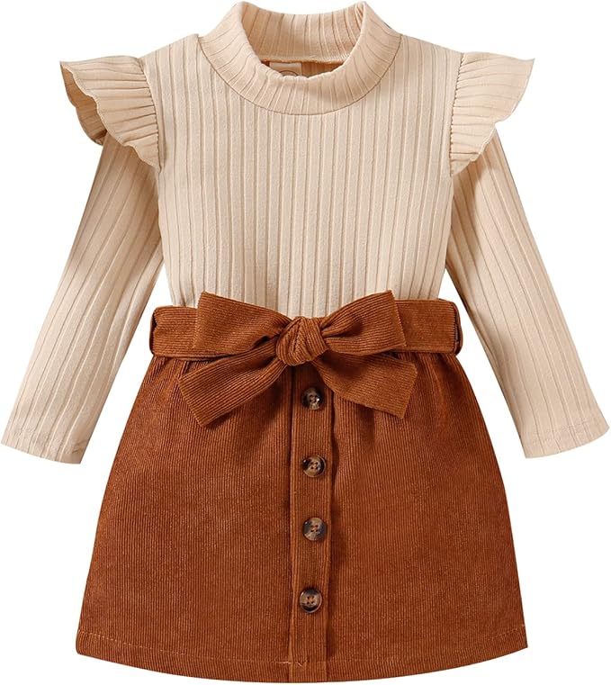 Fernvia Toddler Baby Girl Fall Winter Skirt Set Turtleneck Ribbed Long Sleeve T-Shirt Top & Plaid Skirts Dress 2Pcs Outfits